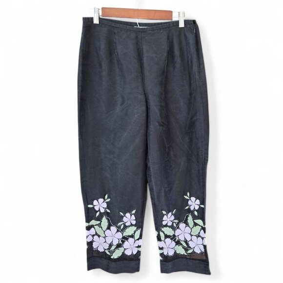 Yves Cossette Depeche Mode Black Silk Pants Floral Embroidery & Sequins Size 10 - Picture 2 of 6